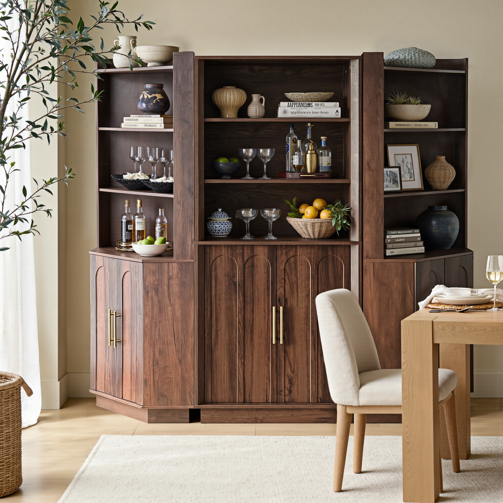 Wetalus 71" Corner Cabinet with Storage, Mid Century Modern, Arched Doors, Walnut