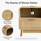 Oak  Rattan Nightstand – Boho Bedside Table with Drawer