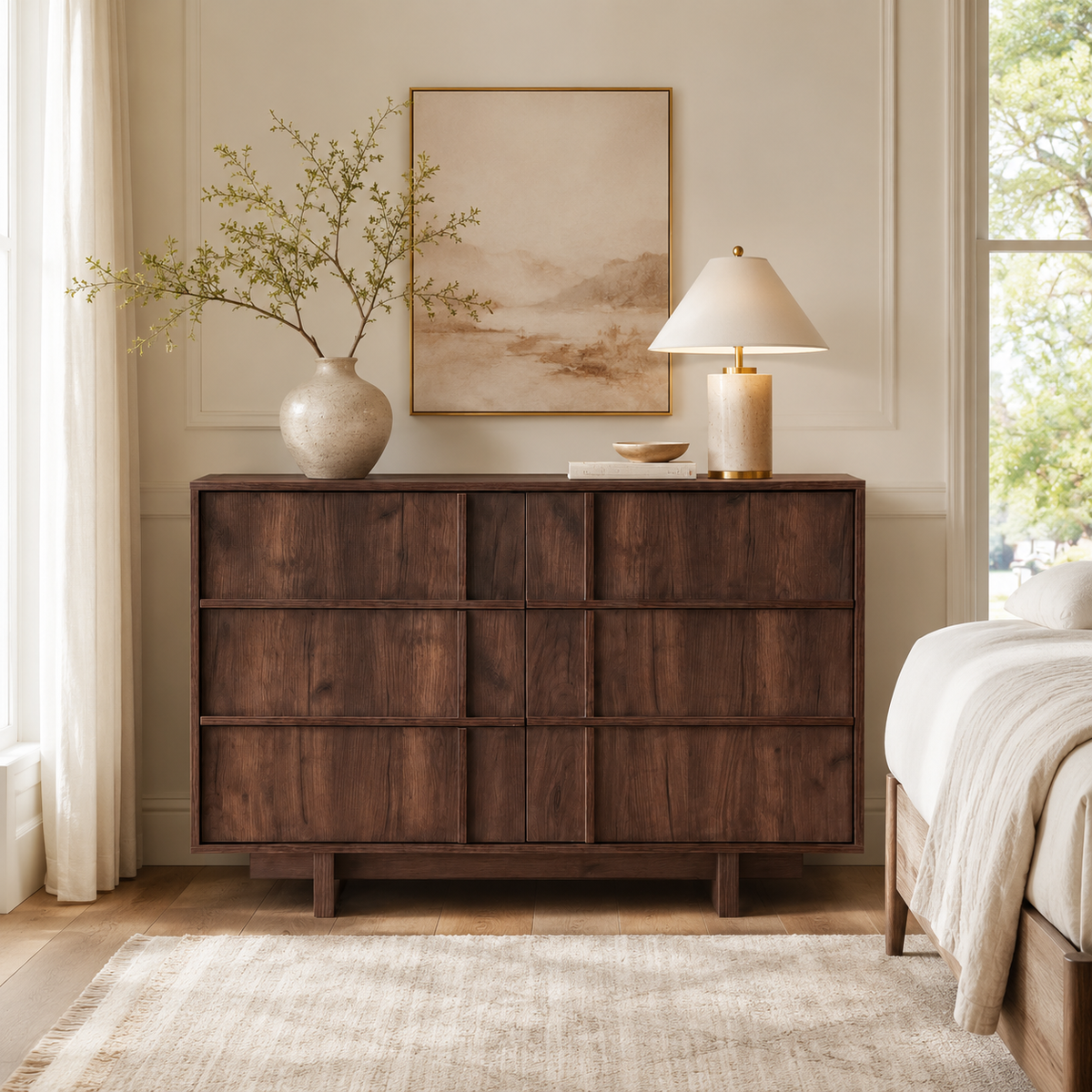Wetalus 47" Mid Century Modern 6 Drawer Dresser, Skeleton Line, Walnut