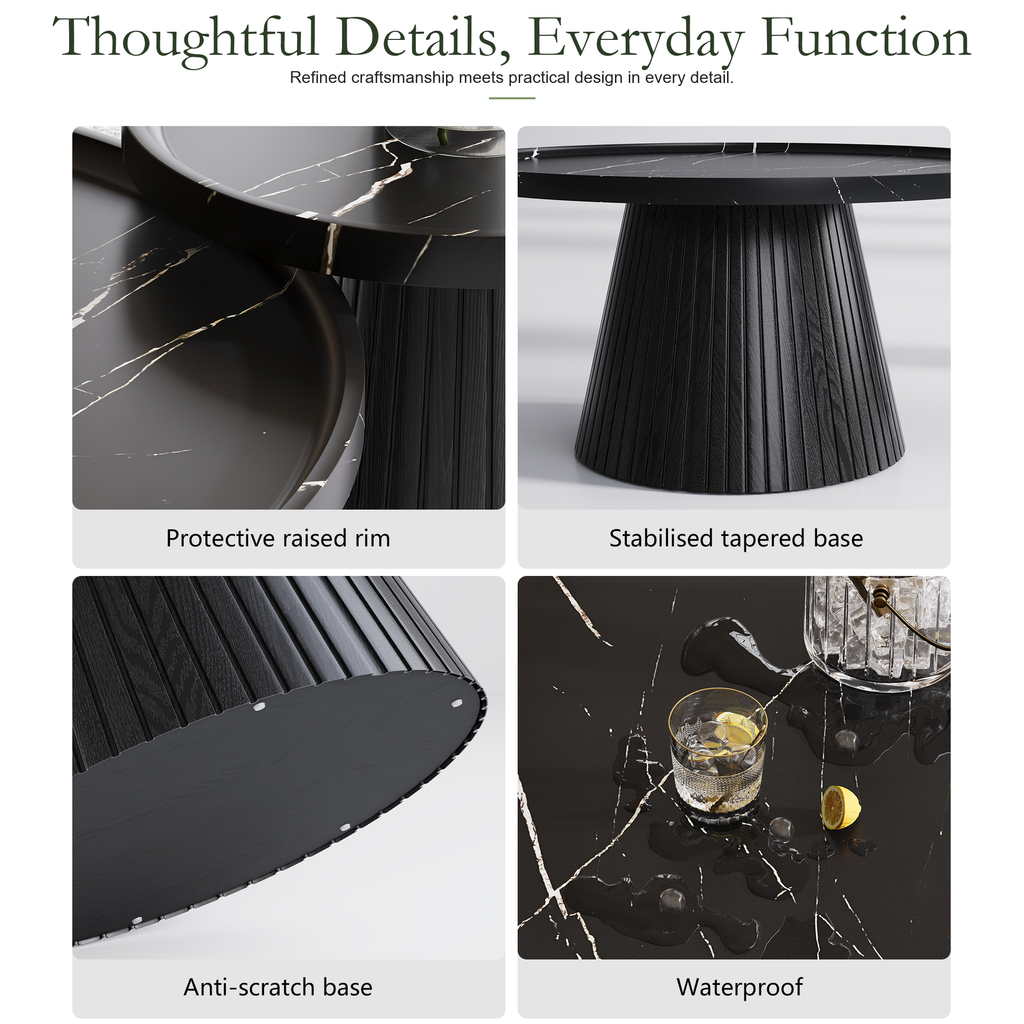 Wetalus Mid Century Modern Nesting Coffee Table Set of 2, Fluted Round,Black