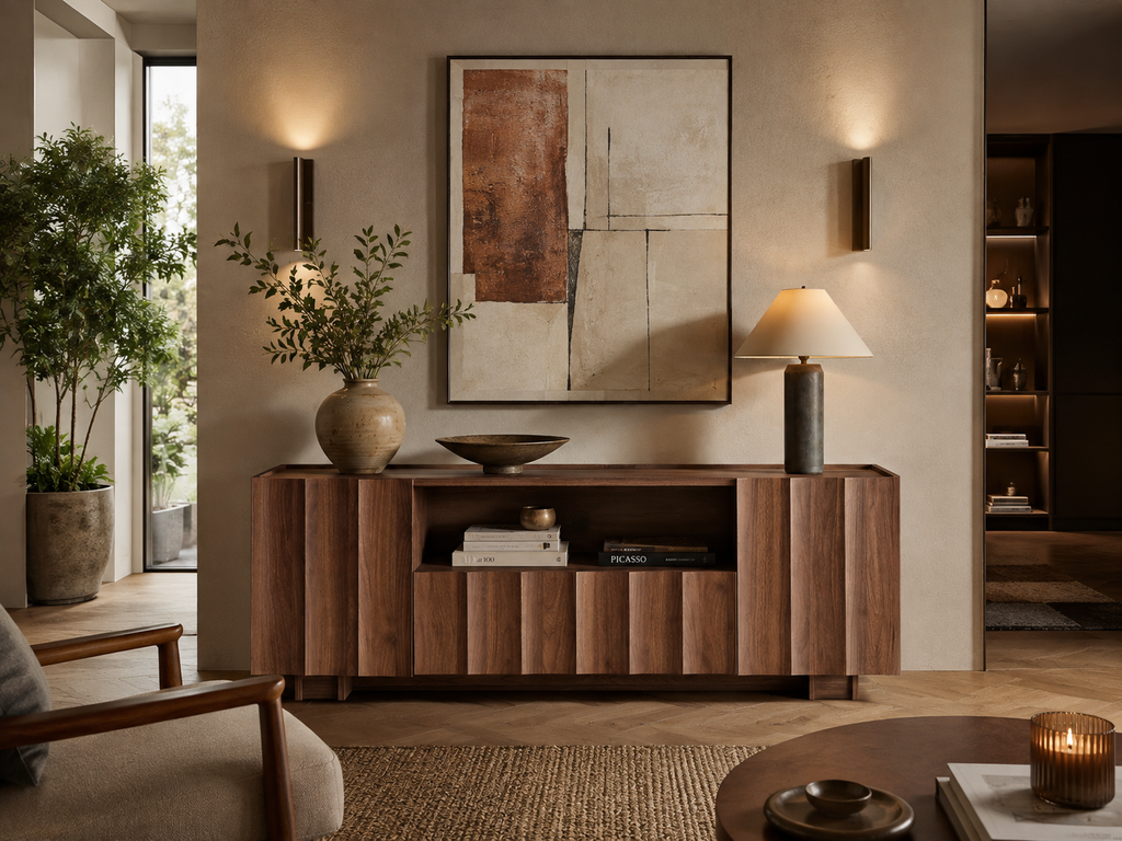 Wetalus 61" Mid Century Modern TV Stand, Adjustable Shelves, Wave Design, Walnut