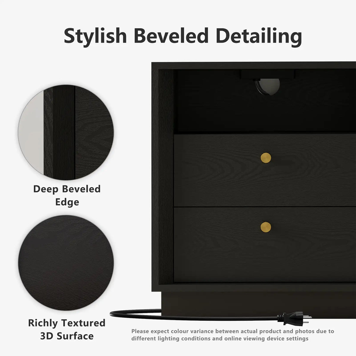 Mid-Century Modern Black Wood Nightstand with Beveled Set 2