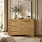 Wetalus 47.2" Mid Century Modern 6 Drawer Dresser, Curved side,Oak