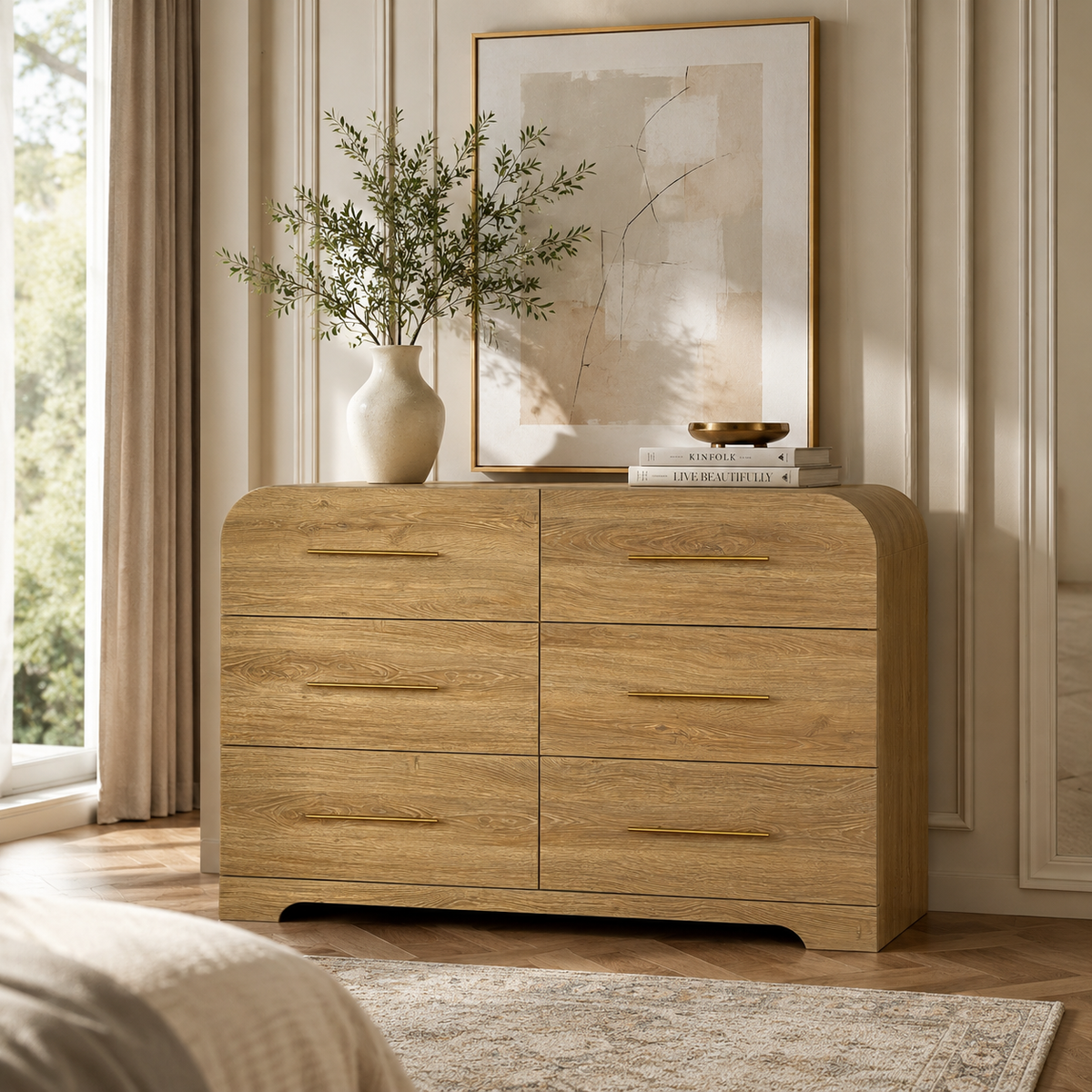 Wetalus 47.2" Mid Century Modern 6 Drawer Dresser, Curved side,Oak