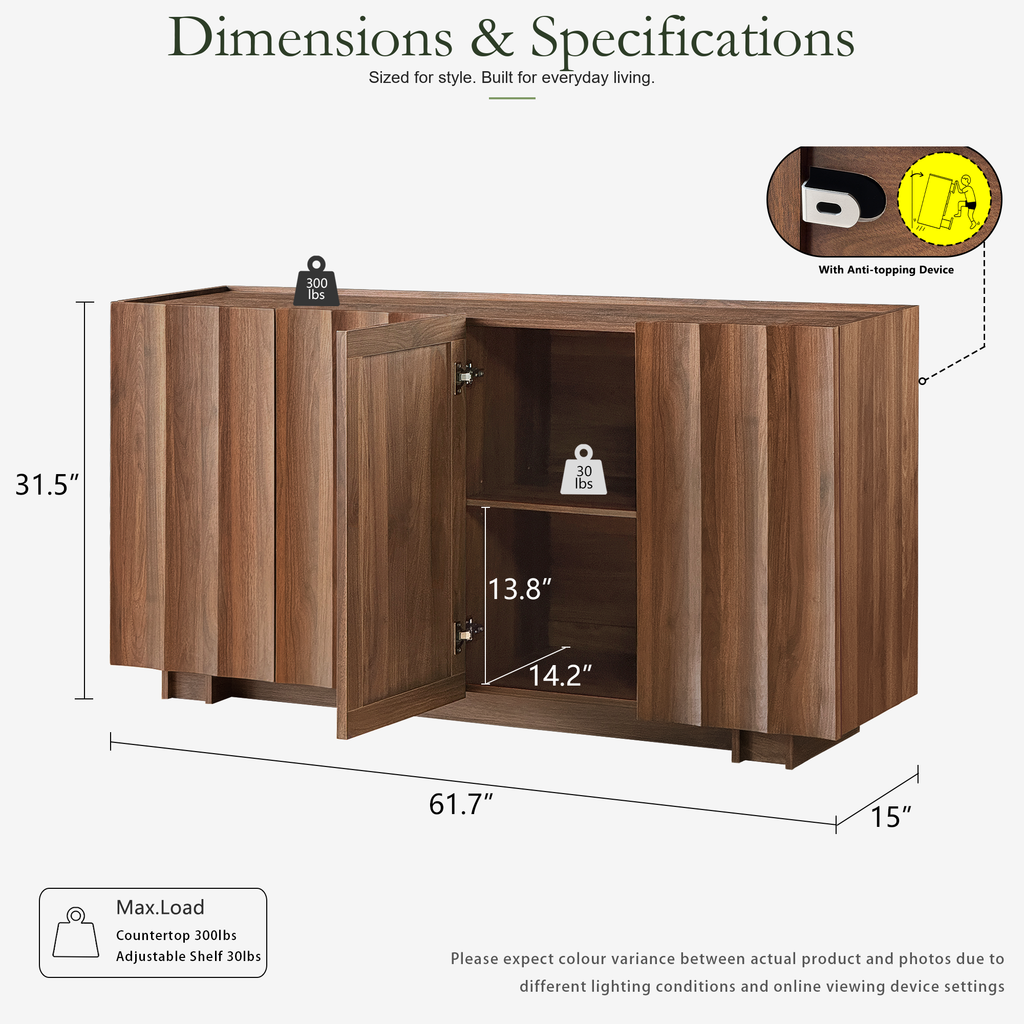 Wetalus 61.7"Mid Century Modern Sideboard Buffet Cabinet with Wave Design, Adjustable Shelves, Wood Grain Finish, Walnut