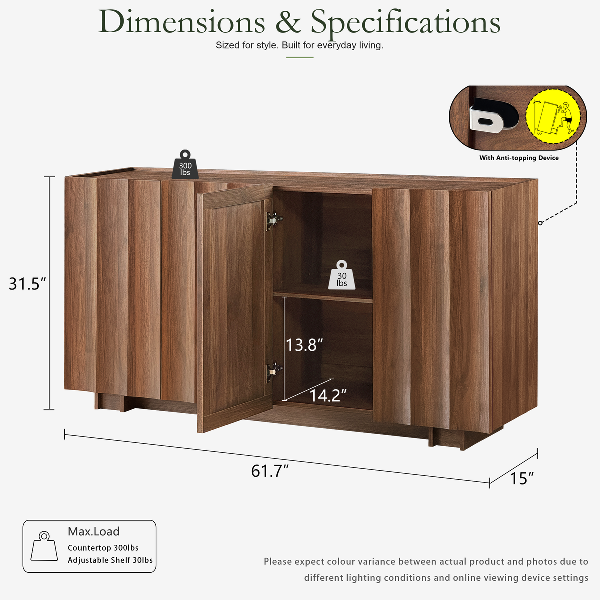 Wetalus 61.7"Mid Century Modern Sideboard Buffet Cabinet with Wave Design, Adjustable Shelves, Wood Grain Finish, Walnut