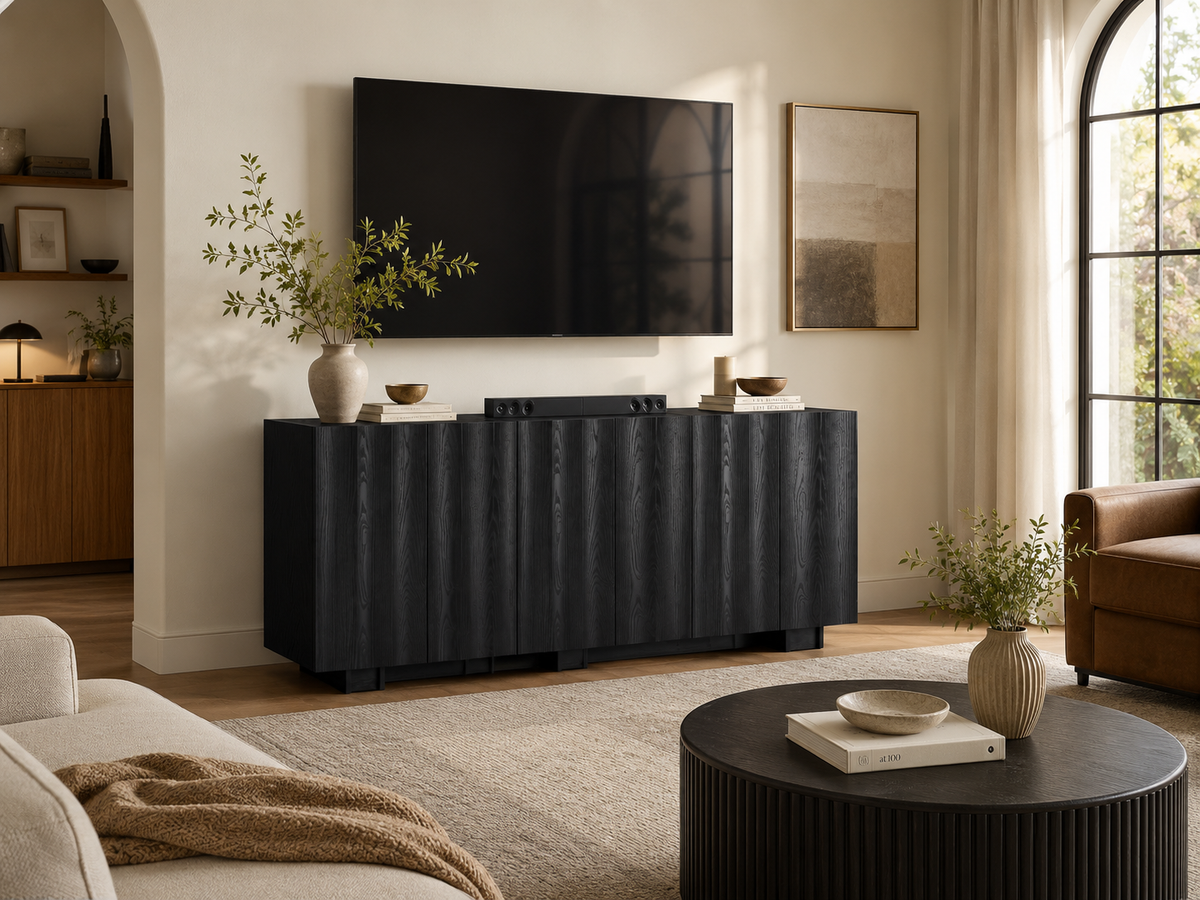 Wetalus 30.8"Mid Century Modern Sideboard Buffet Cabinet with Wave Design, Adjustable Shelves, Wood Grain Finish, Black