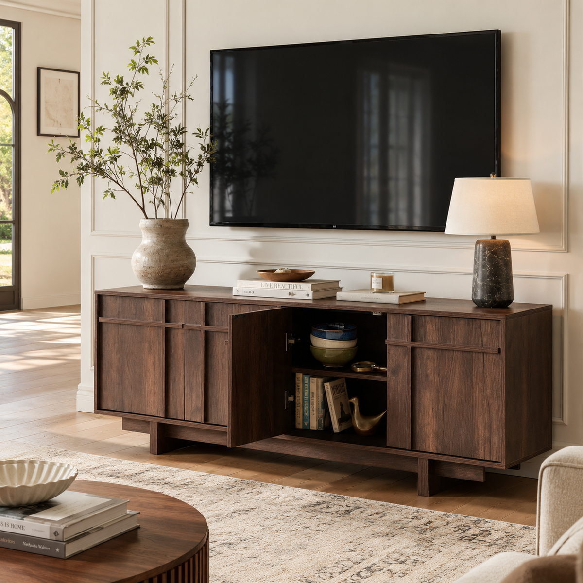 Wetalus 65.6" Mid Century Modern TV Stand with Storage, Skeletal Lines, Walnut