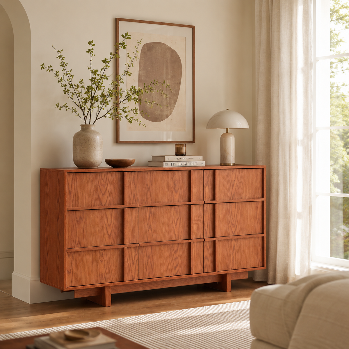 Wetalus 55.1" Mid Century Modern 9 Drawer Dresser, Skeleton Line,Cherry