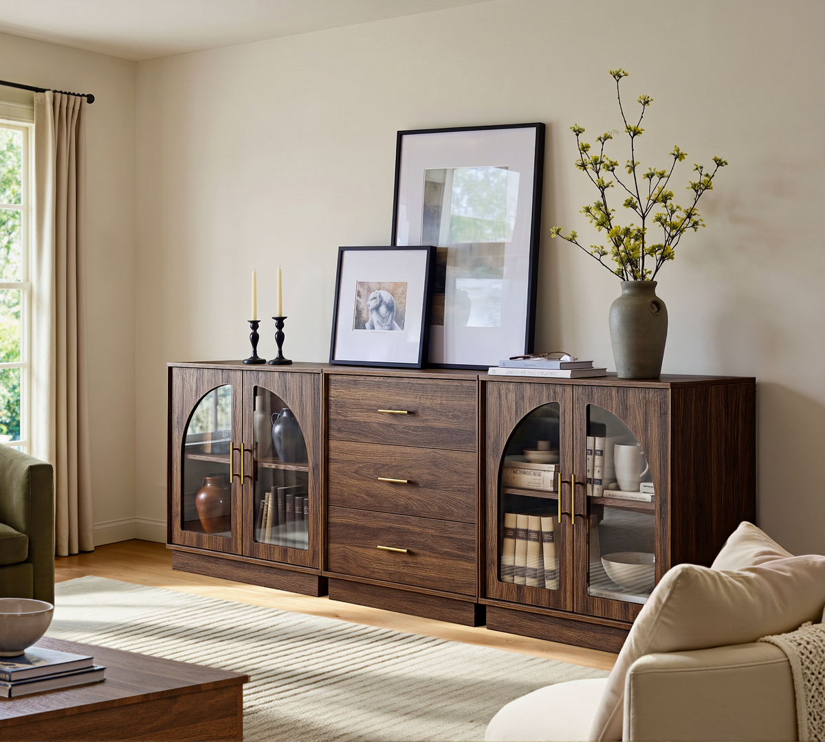Wetalus 31.5" Sideboard Buffet Cabinet with Arched Glass Doors Set of 3,Walnut