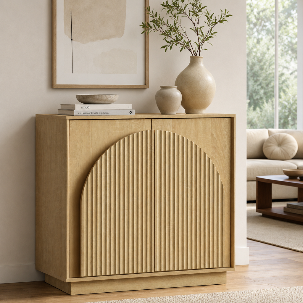 Wetalus Mid-Century Fluted Arched Door Sideboard Cabinet,Oak