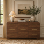 Wetalus 63" Mid Century Modern 9 Drawer Dresser, Curved side,Walnut