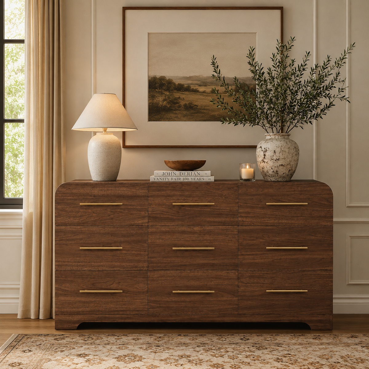 Wetalus 63" Mid Century Modern 9 Drawer Dresser, Curved side,Walnut