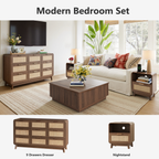 Walnut Rattan Bedroom Furniture Set, 3-Piece Boho Set with 9-Drawer Dresser and Charging Station Nightstands