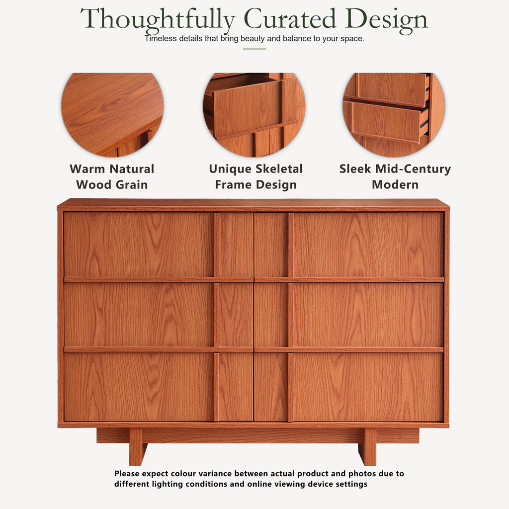Wetalus 47" Mid Century Modern 6 Drawer Dresser, Skeleton Line,Cherry