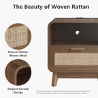 Walnut Rattan Nightstand – Boho Bedside Table with Drawer