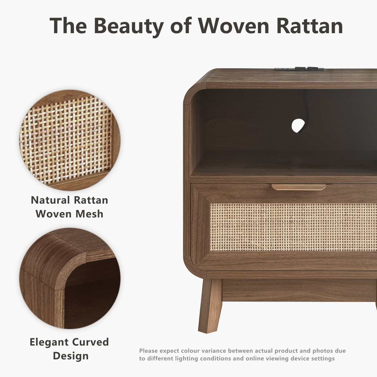 Walnut Rattan Nightstand – Boho Bedside Table with Drawer