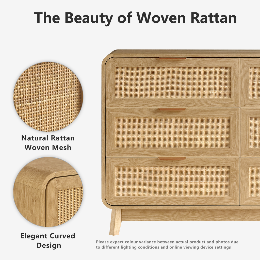 Oak Rattan 6 Drawer dresser –Boho chic dresser
