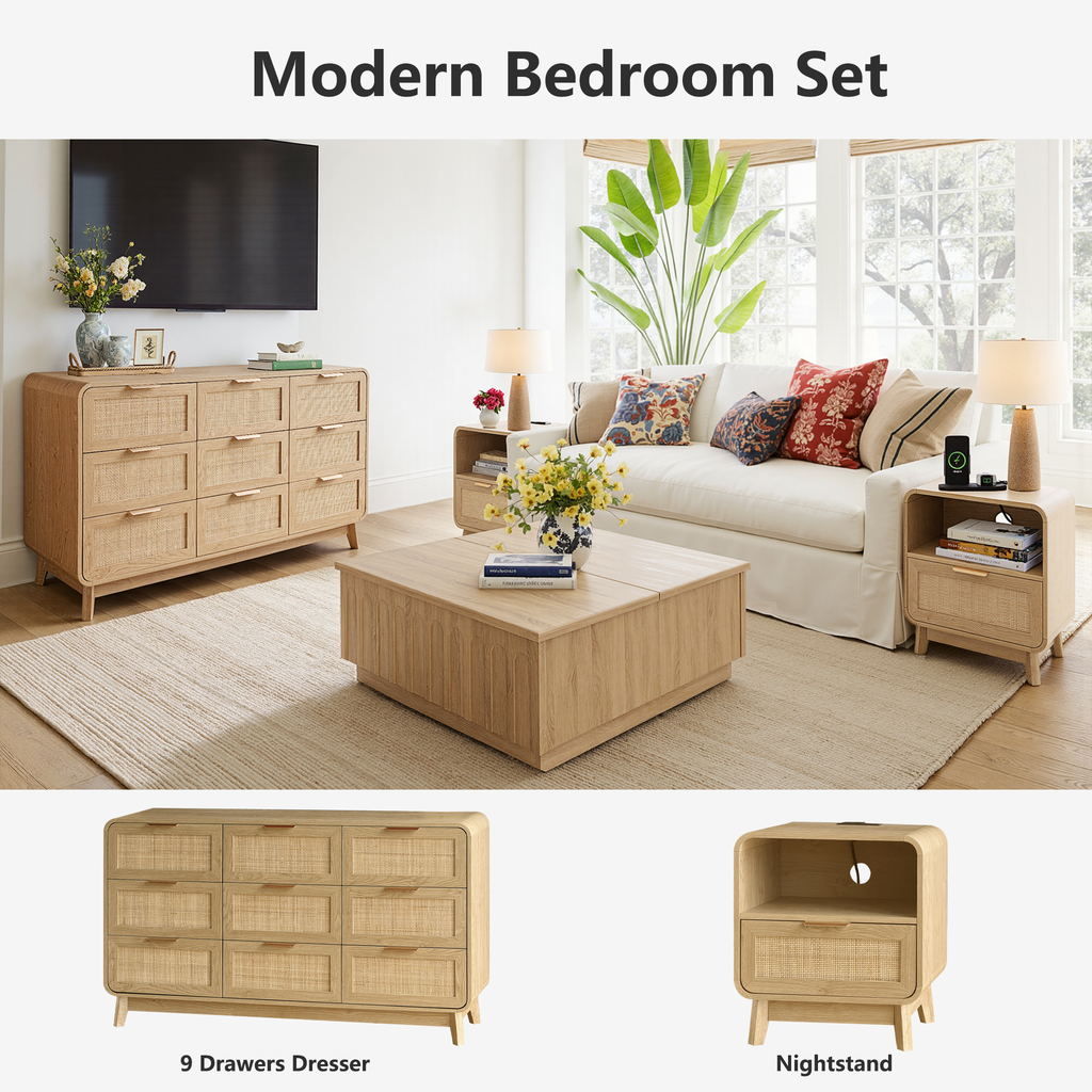 Oak Rattan Bedroom Furniture Set, 3-Piece Boho Set with 9-Drawer Dresser & Nightstands