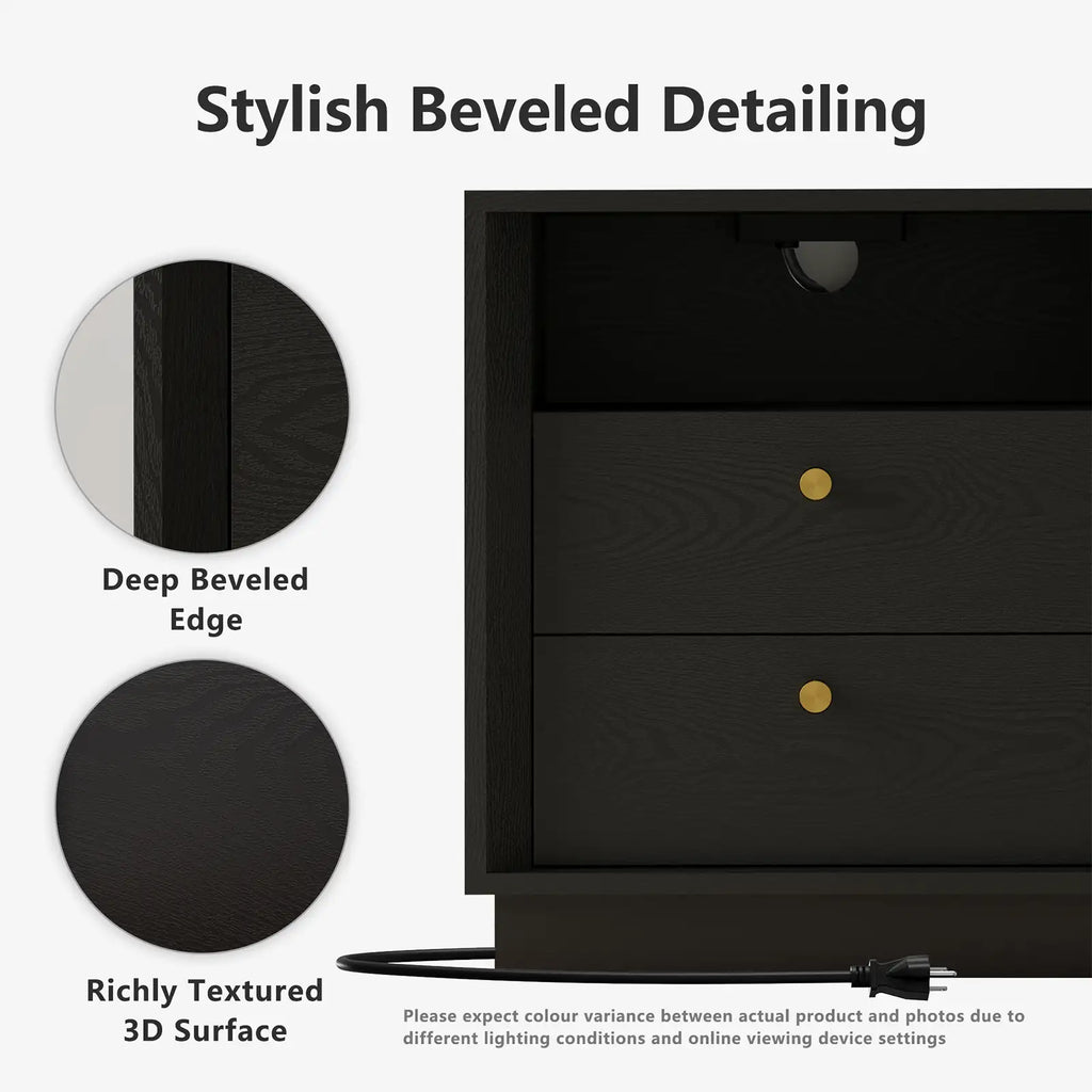 Mid-Century Modern Black Wood Nightstand with Beveled