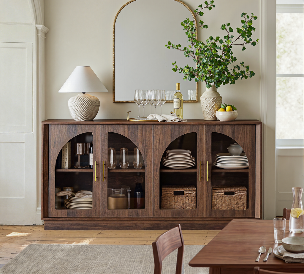Wetalus 64.1" Sideboard Buffet Cabinet with Arched Glass Doors,1 Adjustable Divider, Walnut