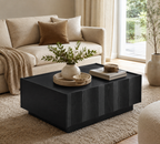 Wetalus Mid Century Modern Square Coffee Table with Storage, Wave Design,Black