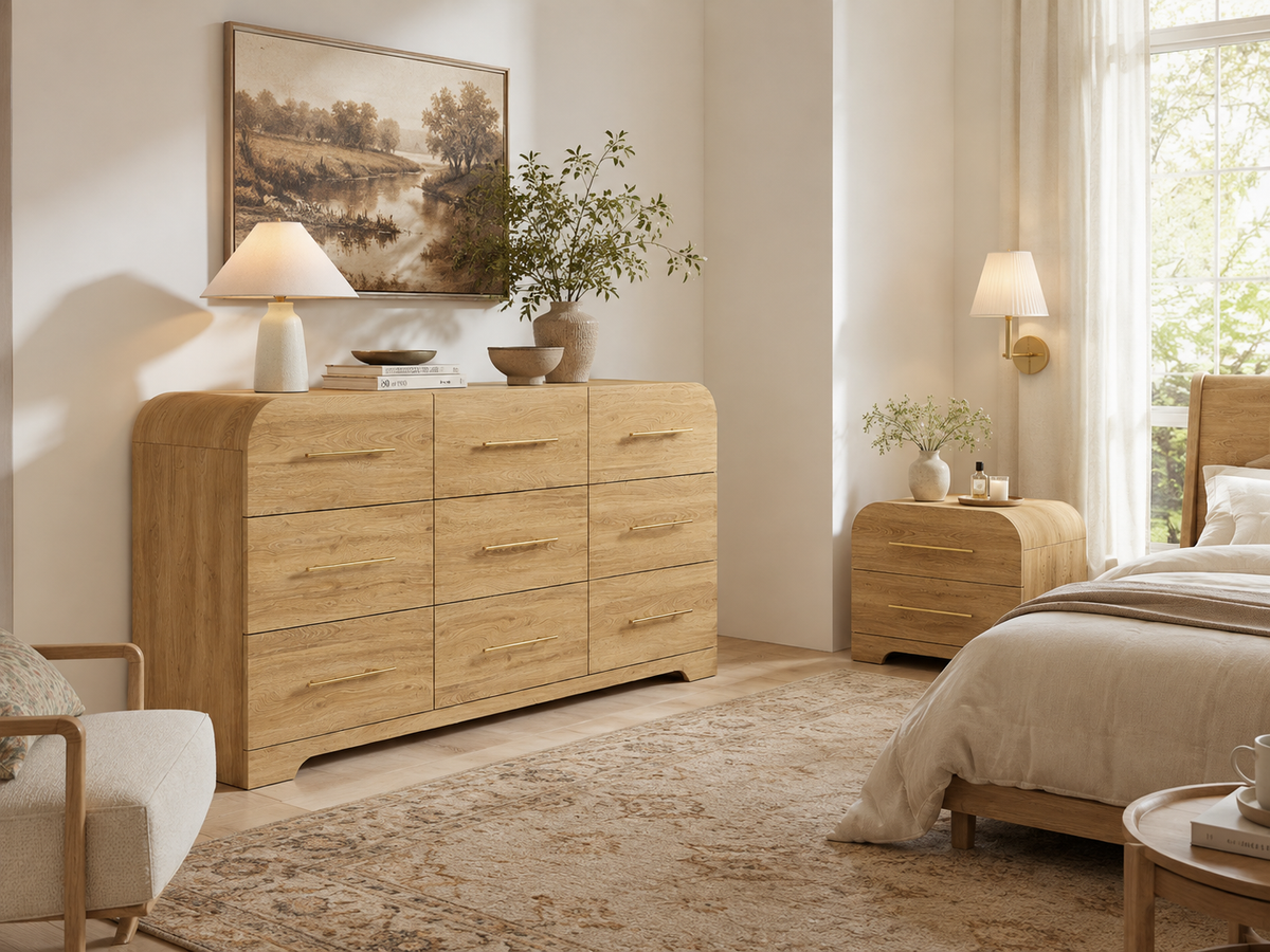 Wetalus 63" Mid Century Modern 9 Drawer Dresser, Curved side,Oak
