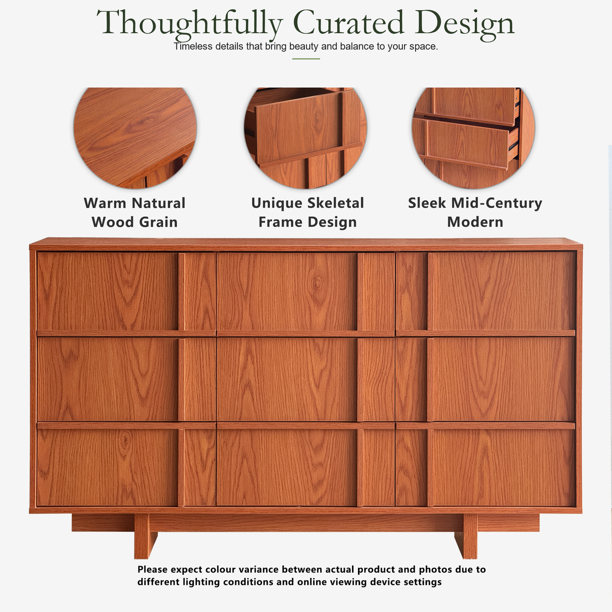 Wetalus 55.1" Mid Century Modern 9 Drawer Dresser, Skeleton Line,Cherry