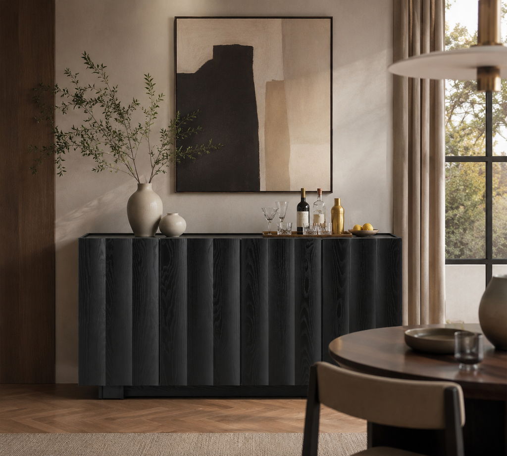 Wetalus 61.7"Mid Century Modern Sideboard Buffet Cabinet with Wave Design, Adjustable Shelves, Wood Grain Finish, Black