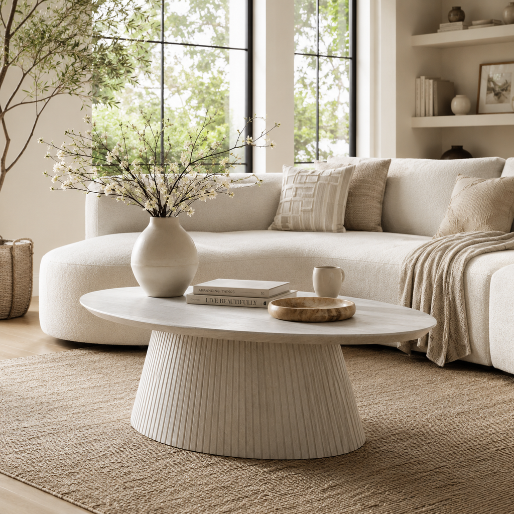 Wetalus 47.2" Mid Century Modern Oval Coffee Table with Faux Stone Veneer, Fluted Base,Stone