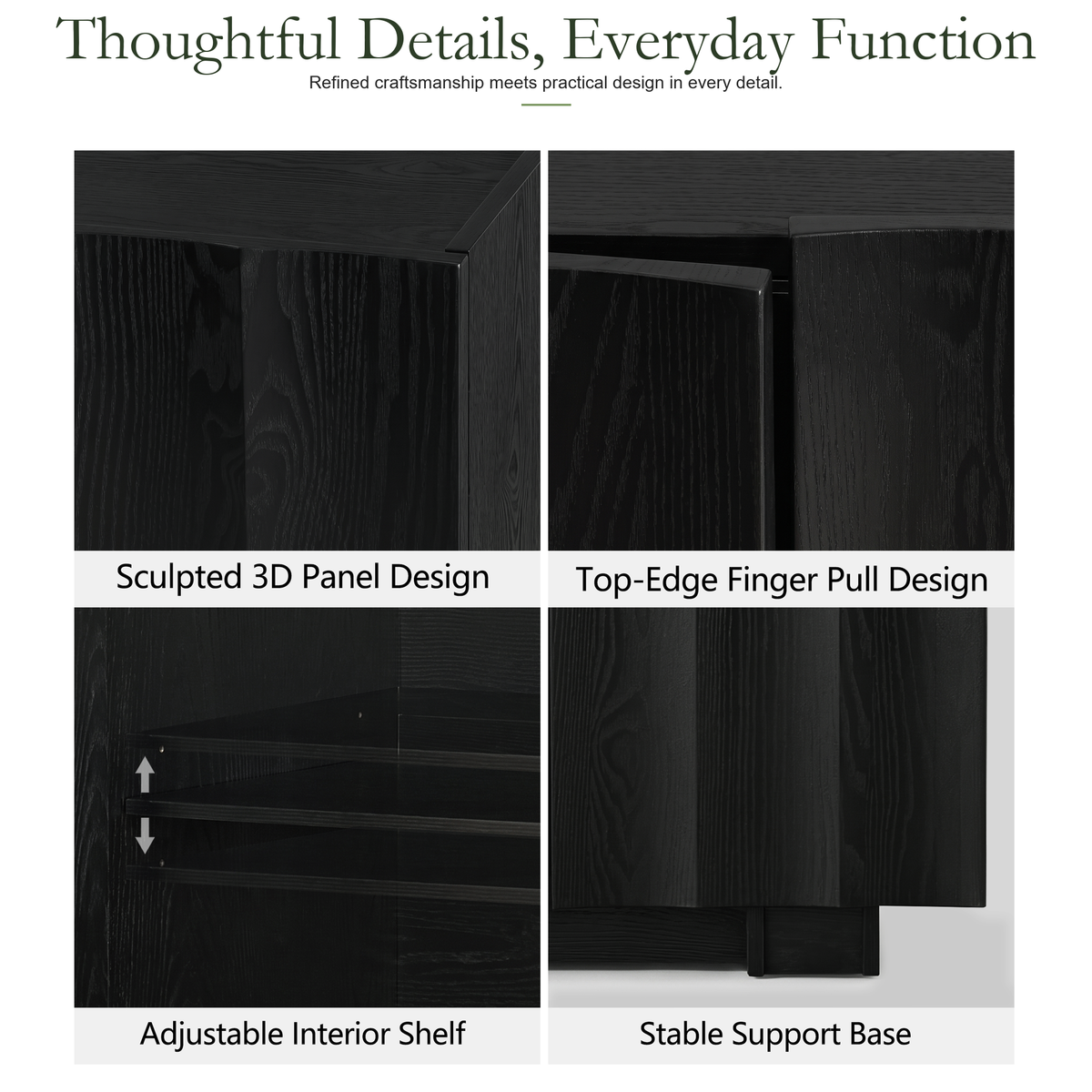 Wetalus 30.8"Mid Century Modern Sideboard Buffet Cabinet with Wave Design, Adjustable Shelves, Wood Grain Finish, Black