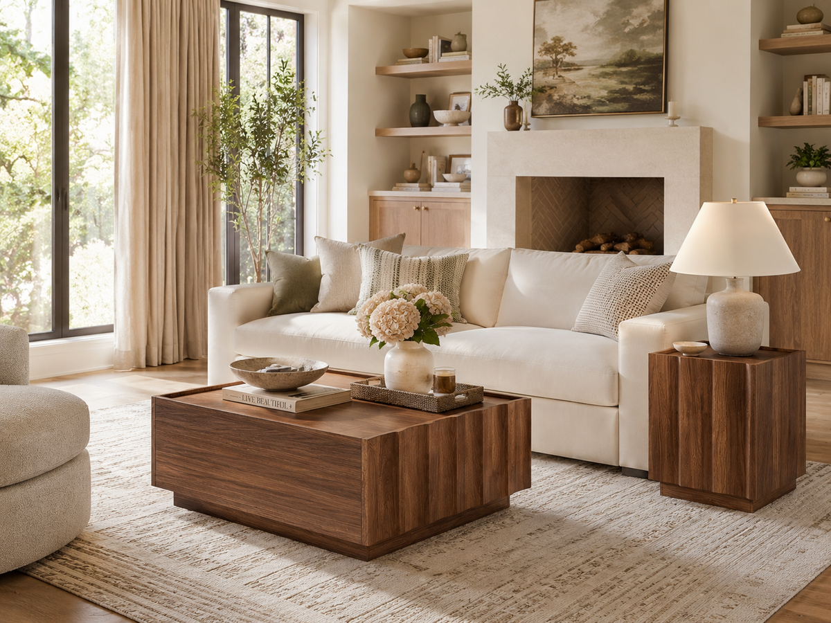 Wetalus Mid Century Modern Square Coffee Table with Storage, Wave Design,Walnut