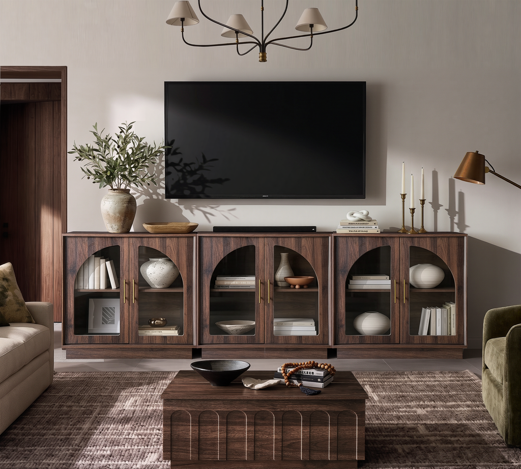 Wetalus 31.5" Sideboard Buffet Cabinet with Arched Glass Doors, Adjustable Divider, Walnut