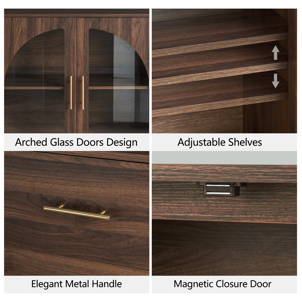 Wetalus 31.5" Sideboard Buffet Cabinet with Arched Glass Doors Set of 3,Walnut