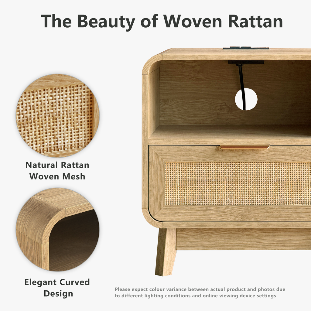 Oak Rattan Nightstands, 2-Pack – Boho Bedside Tables with Drawer