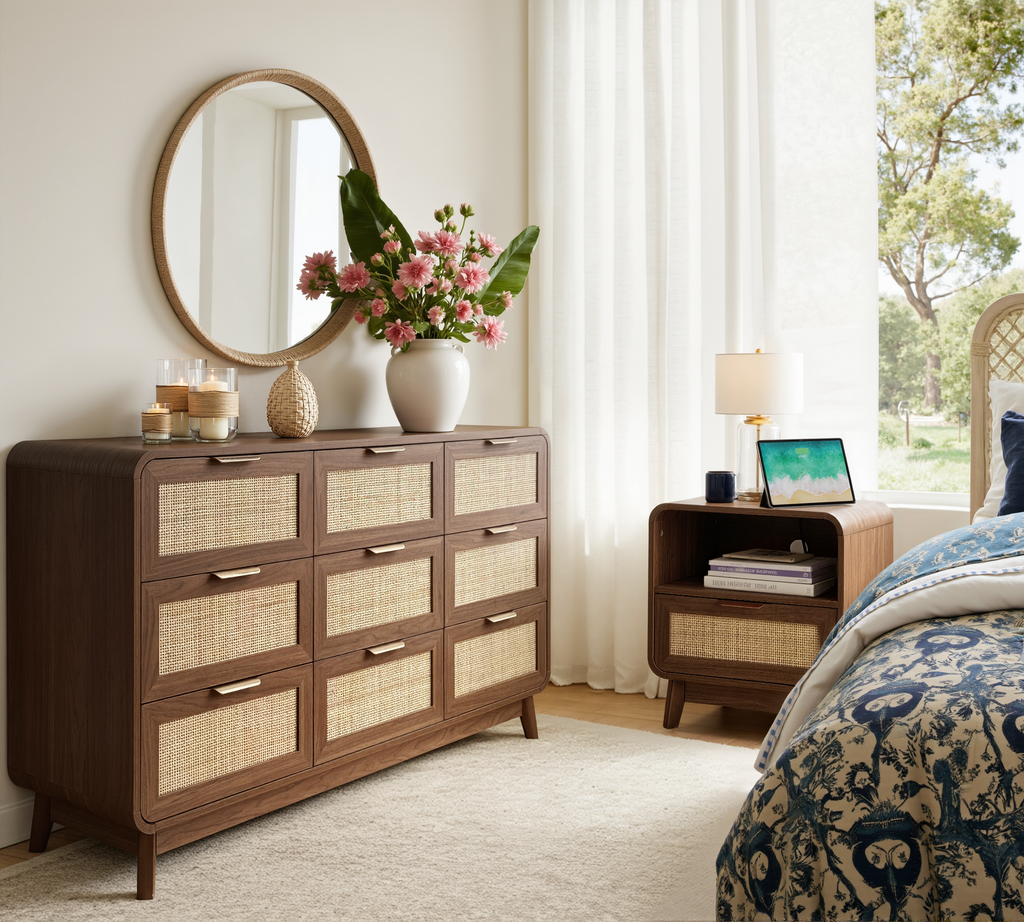 Walnut Rattan 9 Drawer dresser – Boho chic dresser