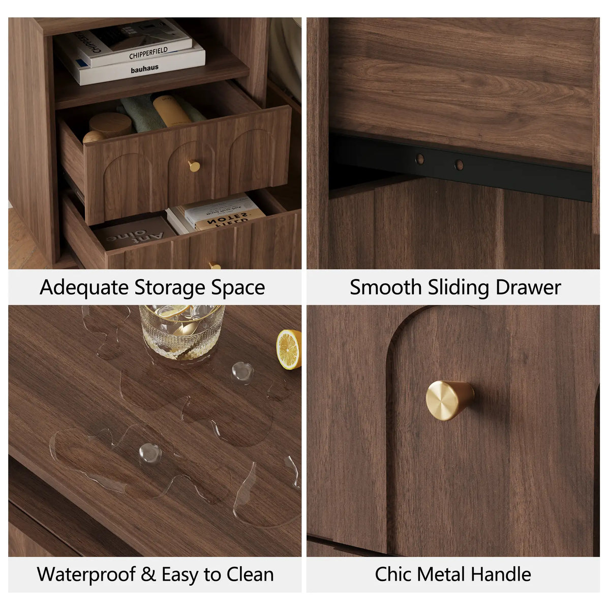 Mid-Century Walnut Nightstand with Arch Design Set 2