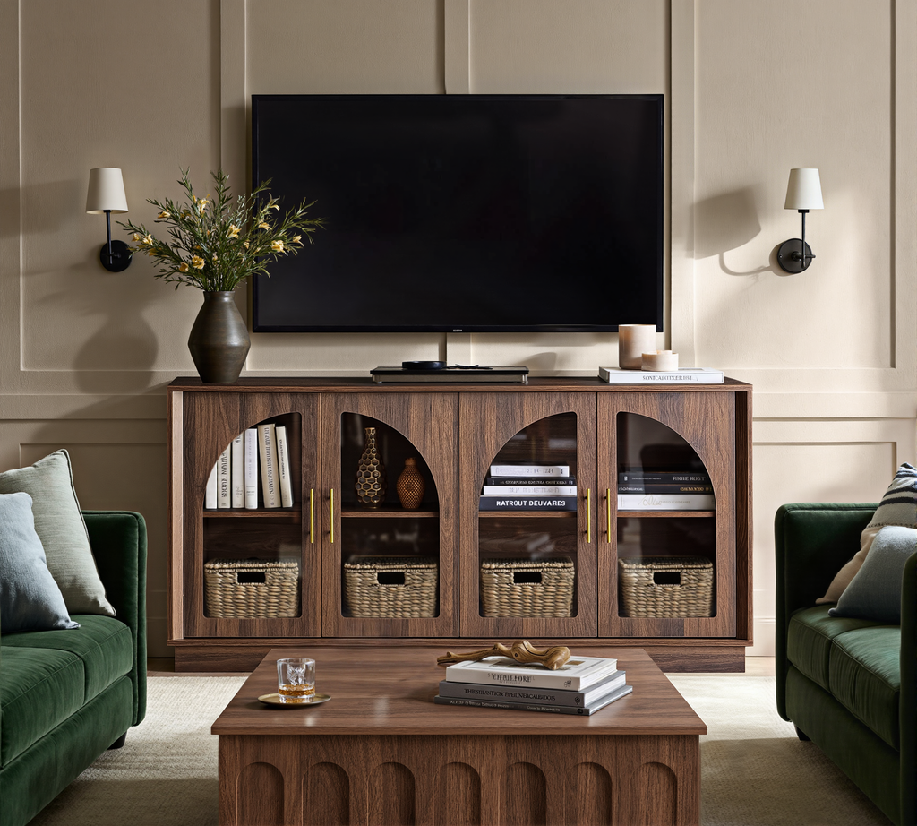 Wetalus 64.1" Sideboard Buffet Cabinet with Arched Glass Doors,1 Adjustable Divider, Walnut