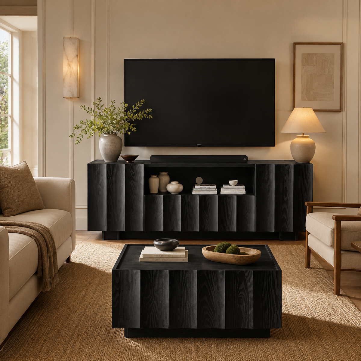Wetalus 61" Mid Century Modern TV Stand, Adjustable Shelves, Wave Design, Black