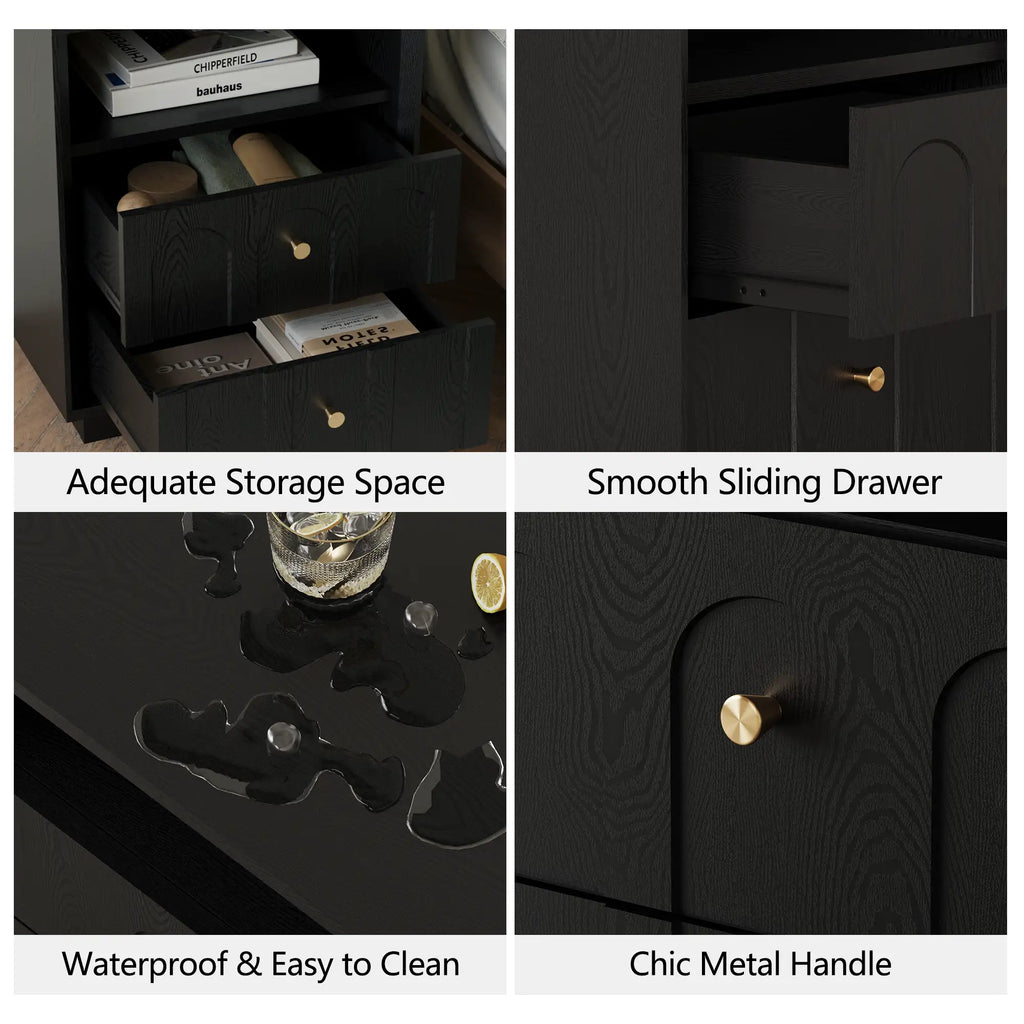 Mid-Century Black Wood Arch Nightstand with Drawers set 2