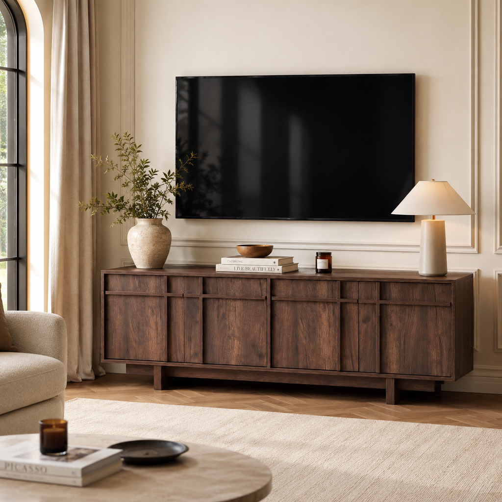 Wetalus 65.6" Mid Century Modern TV Stand with Storage, Skeletal Lines, Walnut