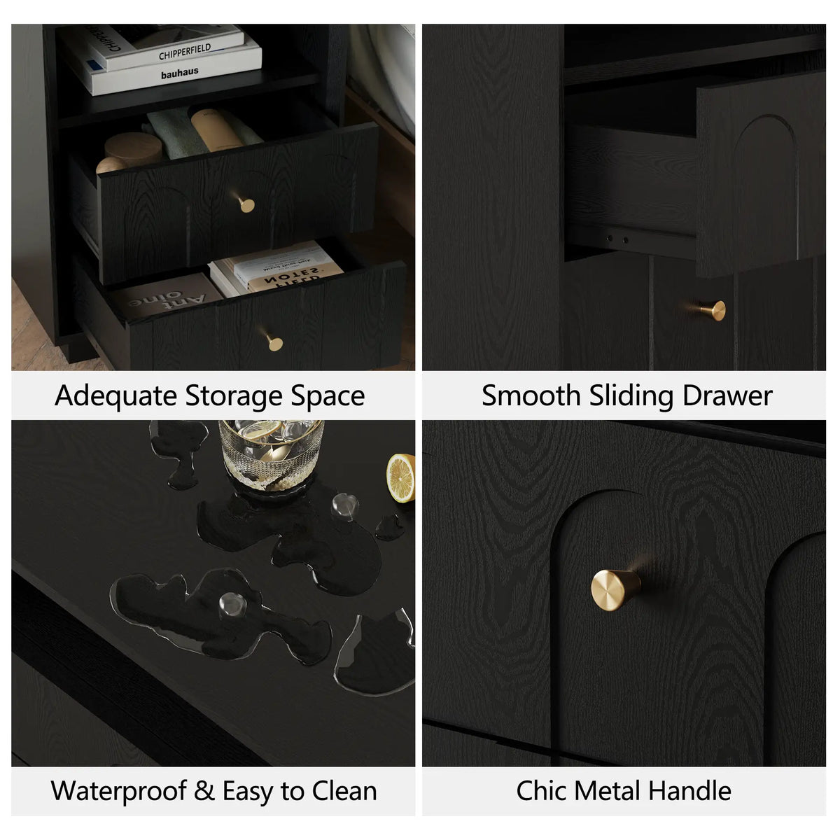 Wetalus Mid-Century Black Wood Arch Nightstand with Drawers