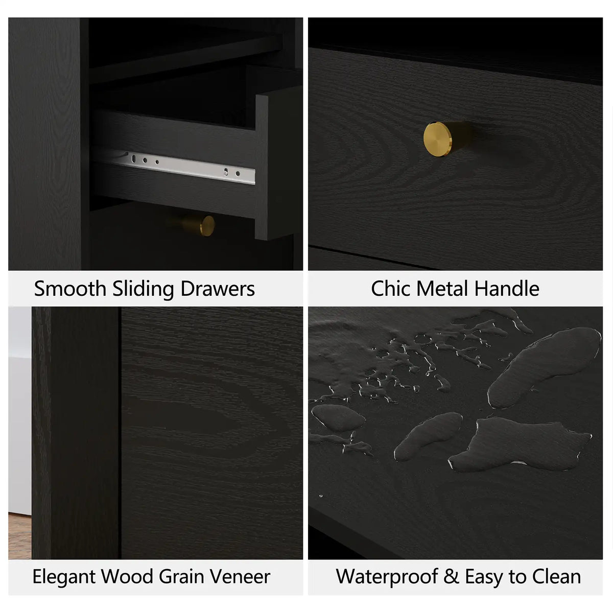 Mid-Century Modern Black Wood Nightstand with Beveled Set 2