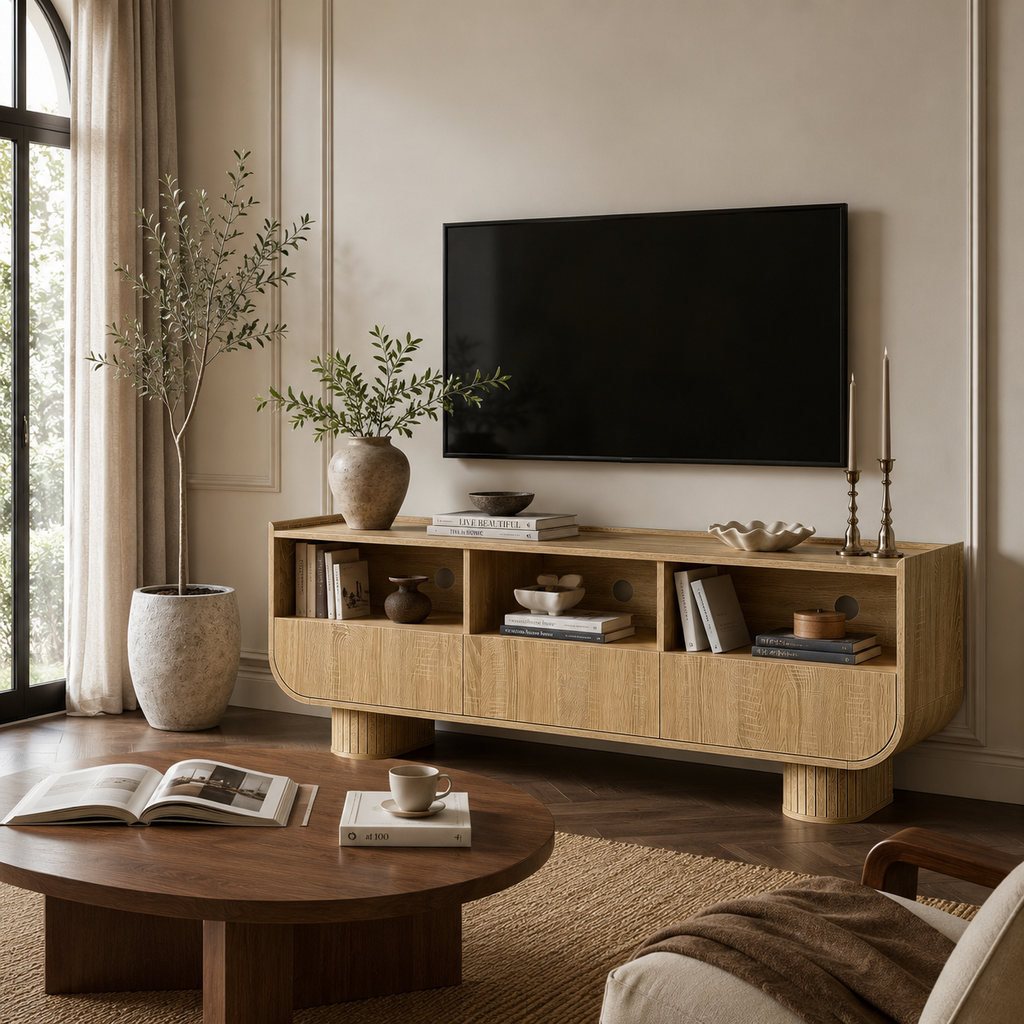 Wetalus 59" TV Stand for 65" TV, 3 Drawers, U-Shaped, Fluted Base, Oak