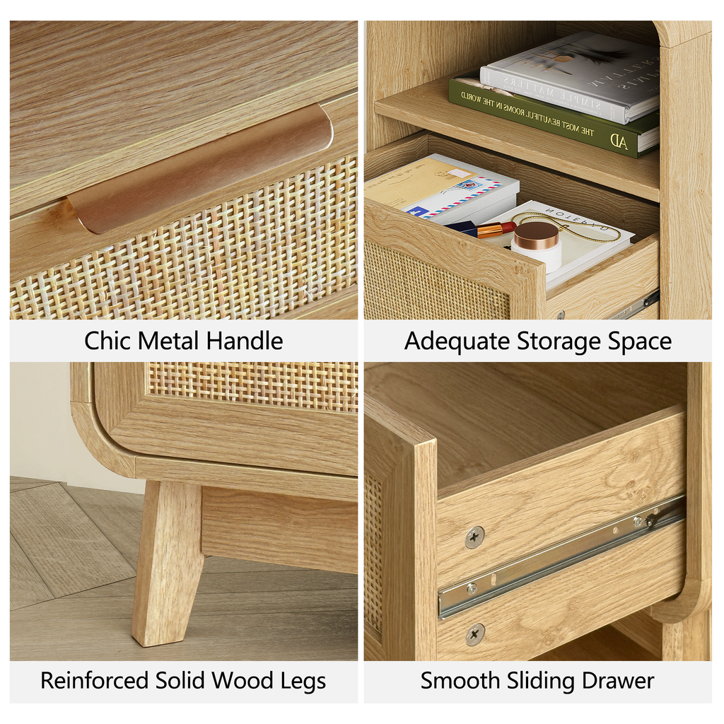 Oak Rattan Nightstands, 2-Pack – Boho Bedside Tables with Drawer