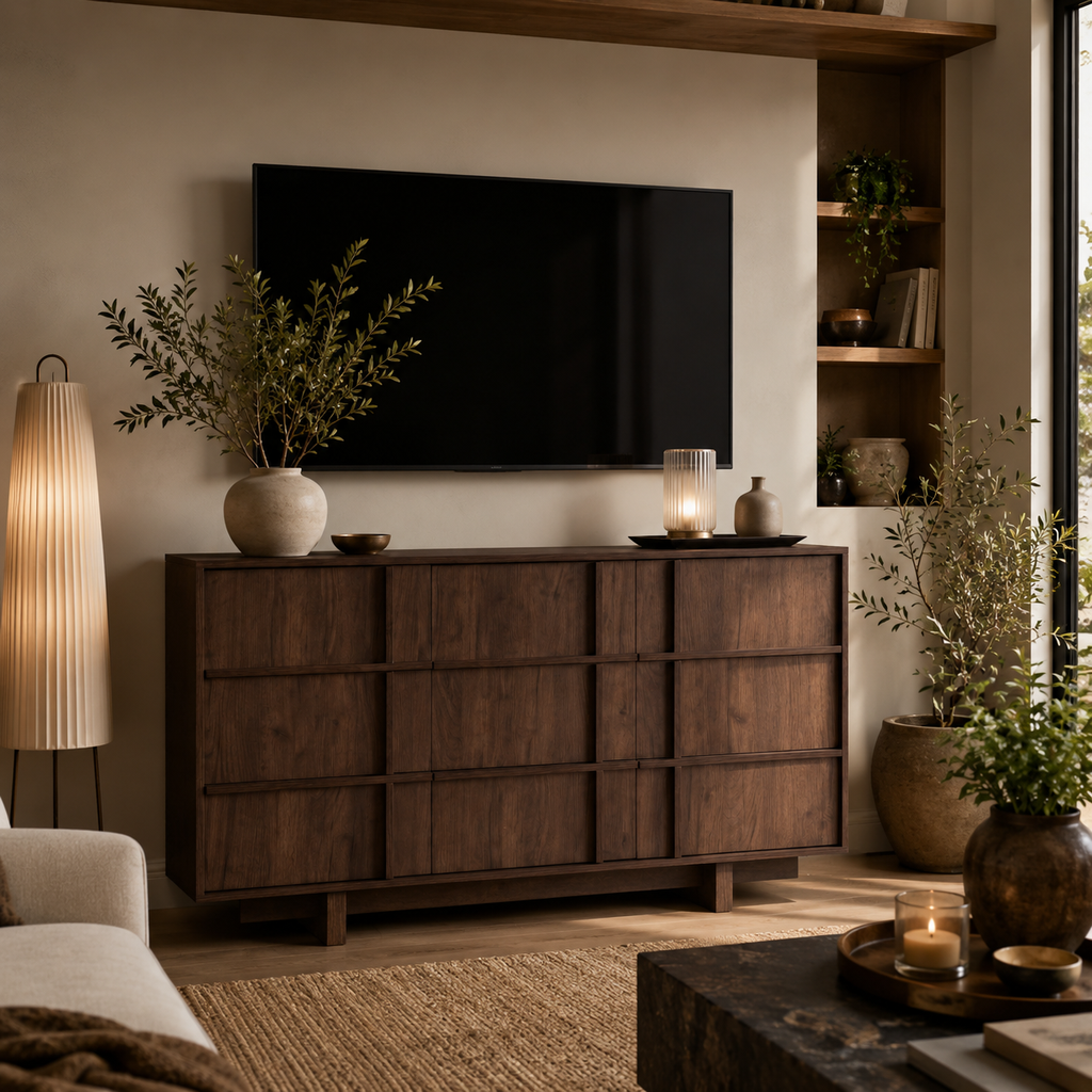 Wetalus 55.1" Mid Century Modern 9 Drawer Dresser, Skeleton Line,Walnut