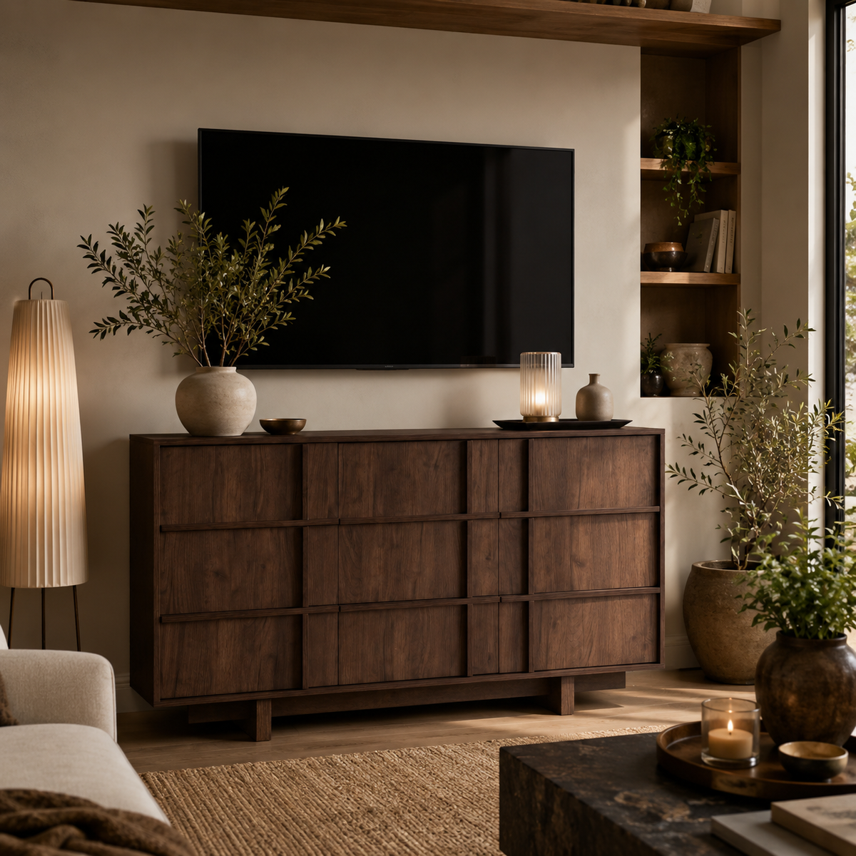 Wetalus 55.1" Mid Century Modern 9 Drawer Dresser, Skeleton Line,Walnut