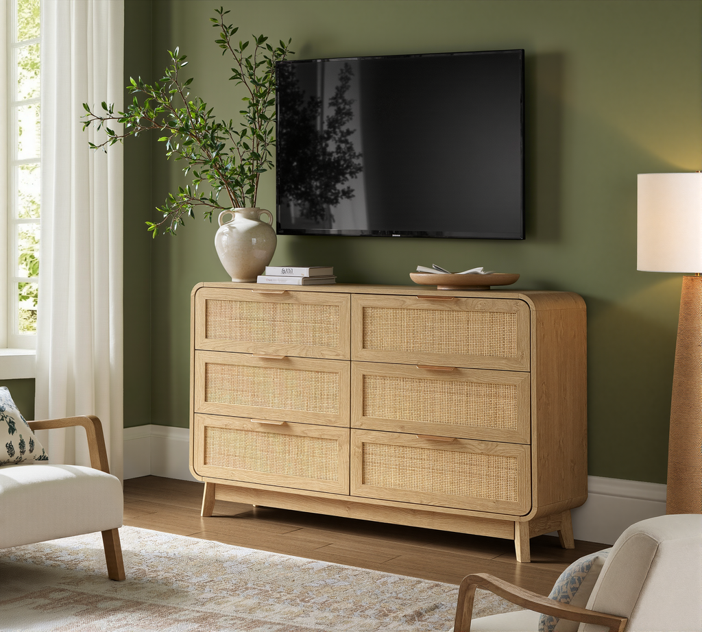 Oak Rattan 6 Drawer dresser –Boho chic dresser