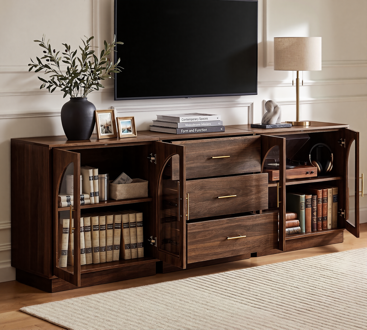 Wetalus 31.5" Sideboard Buffet Cabinet with Arched Glass Doors Set of 3,Walnut