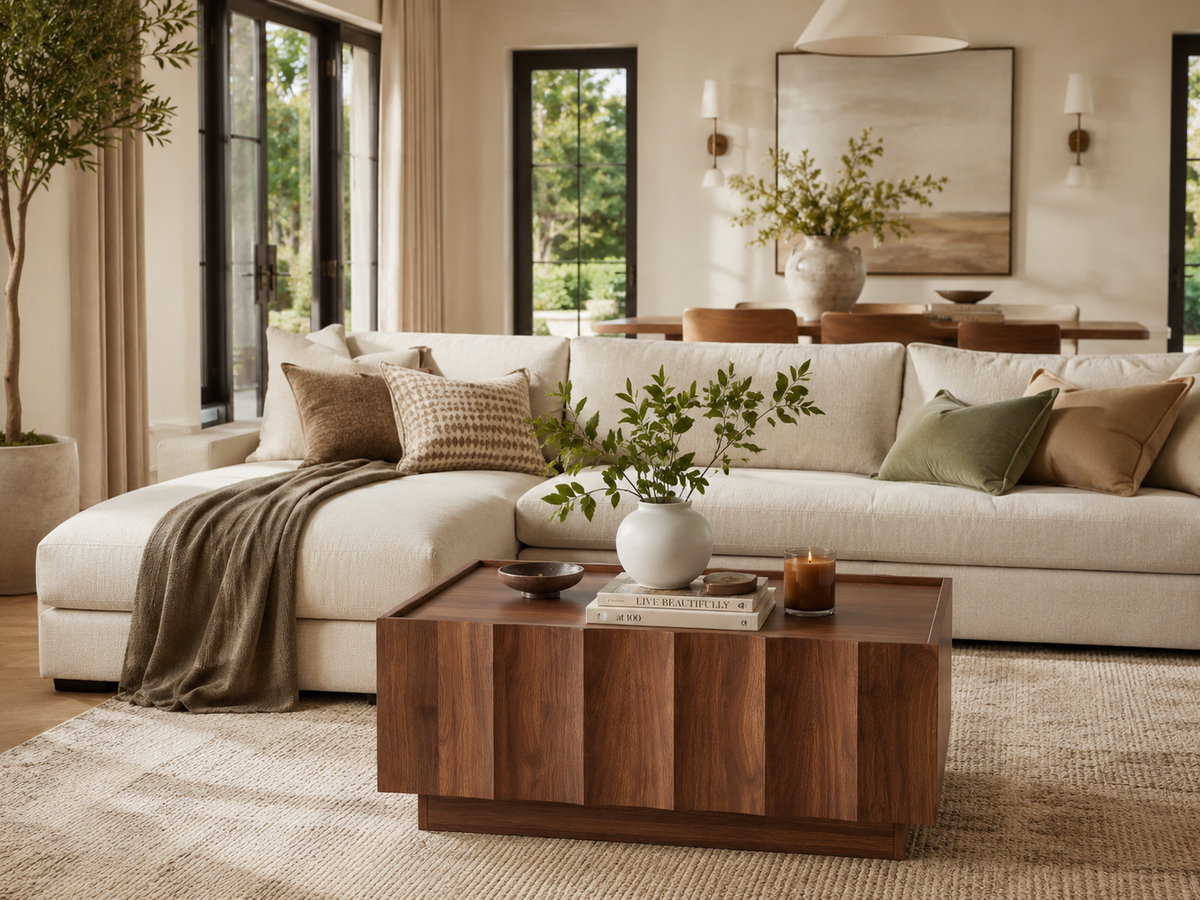 Wetalus Mid Century Modern Square Coffee Table with Storage, Wave Design,Walnut